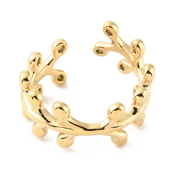 304 Stainless Steel Leafy Branch Open Cuff Rings, Real 14K Gold Plated, US Size 7 1/4(17.5mm)