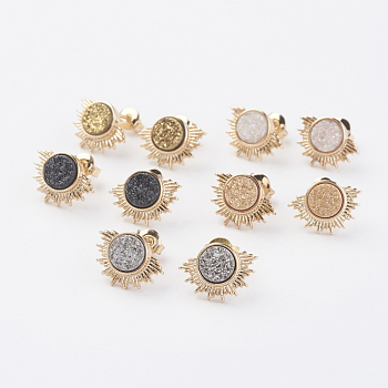 Electroplate Natural Druzy Agate Stud Earrings, with Brass Findings, Sun, Golden, Mixed Color, 10x14x3~4mm, Pin: 0.8mm