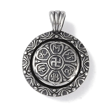 Viking 316 Surgical Stainless Steel Rotatable Pendants, Antique Silver, Flat Round Charm, Buddha Seal, 37.5x28.5x7.5mm, Hole: 7x5mm