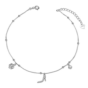 SHEGRACE Rhodium Plated 925 Sterling Silver Charm Anklet, with Cubic Zirconia, Box Chains with Round Beads,High-heeled Shoes and Flower, Platinum, 8-7/8 inch(22.5cm)