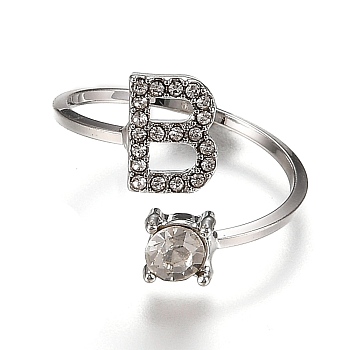 Alloy Cuff Rings, Open Rings, with Crystal Rhinestone, Platinum, Letter.B, US Size 7 1/4(17.5mm)