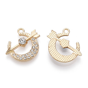 Alloy Pendants, with Crystal Rhinestone, Cadmium Free & Lead Free, Moon with Arrow, Light Gold, 19.5x20x3.5mm, Hole: 1.8mm