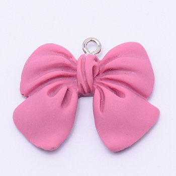 Resin Pendants, with Platinum Plated Iron Screw Eye Pin Peg Bails, Bowknot, Flamingo, 25x28x5mm, Hole: 1.8mm