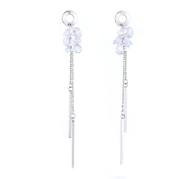 304 Stainless Steel Dangle Stud Earring, with Cable Chains, Cubic Zirconia Charms and Ear Nuts, Clear, 76.5mm, Pin: 0.8mm