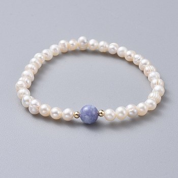 Stretch Grade A Natural Freshwater Pearl Bracelets, with Natural Quartz(Dyed) Beads and Brass Beads, 2 inch(5.1cm)