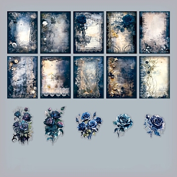 Flower Scrapbook Paper Pads & PET Stickers Set, for DIY Album Scrapbook, Background Paper, Diary Decoration, Marine Blue, 140x100mm, 30pcs/set
