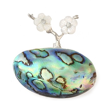 Natural Paua Shell Brooches, with Brass Branch & Natural White Shell & Rhinestone, Oval with Flower Brooch for Women, Platinum, 37x37.5x11mm