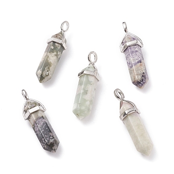Natural Peace Jade Pendants, with Platinum Tone Brass Findings, Bullet, 39.5x12x11.5mm, Hole: 4.5x2.8mm