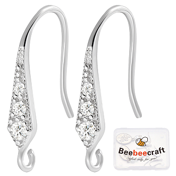 Anti-Tarnish Beebeecraft 3 Pairs Rhodium Plated 925 Sterling Silver Earring Hooks, Ear Wire with Micro Pave Cubic Zirconia and Loops, with 925 Stamp, Platinum, 20 Gauge, 17x3mm, Hole: 1mm, Pin: 0.8mm