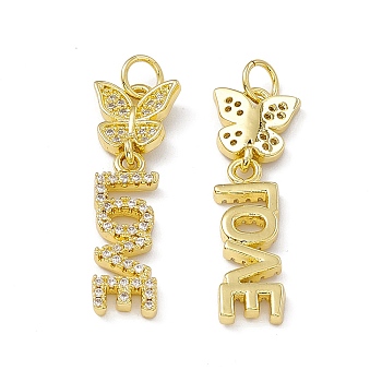 Rack Plating Brass Micro Pave Cubic Zirconia Pendants, with Jump Ring Cadmium Free & Lead Free, Long-Lasting Plated, Butterfly with Word Love Charm, Real 18K Gold Plated, 28.5x9x3mm, Hole: 3.6mm