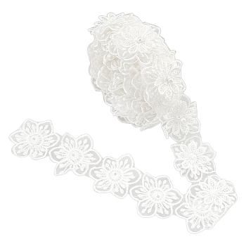 Organza Ribbons, with Imitation Pearl Beads, Flower, White, 2-3/8~2-1/2 inch(60~62mm)