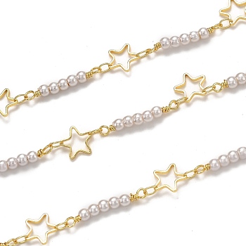 Handmade Brass Link Chains, with Acrylic Imitation Pearl and Spool, Long-Lasting Plated, Soldered, Star, Golden, Star: 8.1x8x0.9mm, Acrylic Pearl: 20.9x3mm