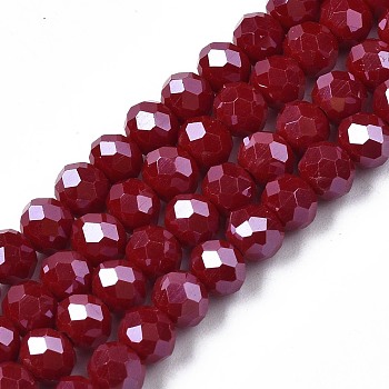 Electroplate Glass Beads Strands, Pearl Luster Plated, Faceted, Rondelle, Dark Red, 4x3mm, Hole: 0.4mm, about 113~115pcs/strand, 41~42cm