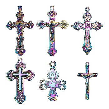 12Pcs 6 Style Rainbow Color Alloy Pendants, Cadmium Free & Nickel Free & Lead Free, Cross with Jesus, Cross with Bird, Cross, 44~58.5x23~36x1.5~6mm, Hole: 2~5mm, 2pcs/style