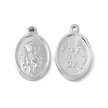 201 Stainless Steel Pendants, Oval with Saint & Word Pray for us Charm, Stainless Steel Color, 23x14.5x3mm, Hole: 1.6mm