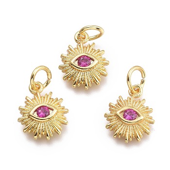 Brass Micro Pave Cubic Zirconia Pendants, with Jump Ring, Sun with Eye, Real 18K Gold Plated, Medium Violet Red, 12.5x10x2.7mm, Jump Rings: 5x0.8mm, Inner Diameter: 3mm