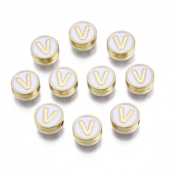 Alloy Enamel Beads, Cadmium Free & Lead Free, Light Gold, Flat Round with Alphabet, White, Letter.V, 8x4mm, Hole: 1.5mm