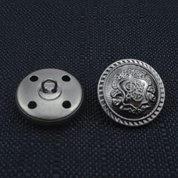 Brass Shank Buttons, Flat Round with Flower Pattern, Gunmetal, 20mm
