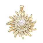 Brass Micro Pave Cubic Zirconia Pendants, with ABS Imitation Pearl, Sun Charms, Lead Free & Cadmium Free, Rack Plating, Long-Lasting Plated, Real 18K Gold Plated, 28x27.5x8.5mm, Hole: 4.2x3.6mm(KK-A293-10G)