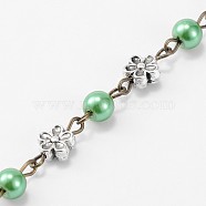 Handmade Round Glass Pearl Beads Chains for Necklaces Bracelets Making, with Tibetan Style Alloy Flower Links and Iron Eye Pin, Unwelded, Medium Sea Green, 39.3 inch(X-AJEW-JB00074-05)
