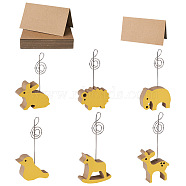 6Pcs 6 Style Animal Wood Name Card Holder, with Star Iron Clip and 50 Sheets Kraft Paper Table Plate, Bird & Deer & Elephant & Rabbit & Sheep & Horse, Gold, Card Holder: 95~116x50~59x18mm, Hole: 3mm(ODIS-KS0001-02)