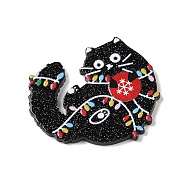 Christmas Cat Acrylic Pendants, Black, 34x38x2.5mm, Hole: 1.5mm(MACR-K360-01C)