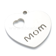 304 Stainless Steel Pendants, Heart with Word Mom, for Mother's Day, Stainless Steel Color, 19x20x1.5mm, Hole: 1.6mm(STAS-B016-08P)