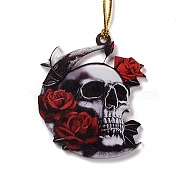 Opaque One-sided Printed Acrylic Big Pendants, for Halloween, Skull with flower, Dark Red, 490x2mm, Hole: 3.5mm(MACR-D062-02D)