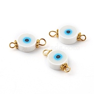 Flat Round with Evil Eye Polymer Clay Links Connectors, with 304 Stainless Steel Eye Pins, Alloy Daisy Spacer Beads, Golden, White, 10x19x4~4.5mm, Hole: 2~2.5mm(PALLOY-JF00730)