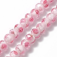 Handmade Silver Foil Glass Lampwork Beads Strands, Inner Flower, Faceted Rondelle, Pink, 8x6mm, Hole: 2mm, about 70pcs/strand, 17.3 inch(LAMP-R141-8mm-14)