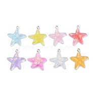 Transparent Resin Pendants, Star Charms with Paillettes and Platinum Plated Iron Loops, Random Color, 28~29x24~25x5mm, Hole: 2mm(X-RESI-C043-02P)