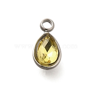 304 Stainless Steel Pendants, with Rhinestone, Stainless Steel Color, Teardrop, Citrine, 10.5x5.5x0.5mm, Hole: 1.8mm(STAS-Q346-04P-06)