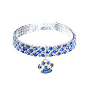 Adjustable 3-Row Brass Crystal Rhinestone Cup Chain Pet Collars, Slider Paw Print Pendant Cat Dog Choker Necklace, Sapphire, 250mm(ANIM-PW0004-19B-05)