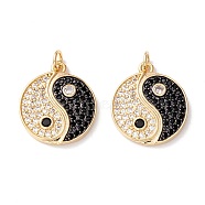Rack Plating Brass Micro Pave Clear & Black Cubic Zirconia Pendants, Long-Lasting Plated, Cadmium Free & Lead Free, Flat Round with Yin Yang, Real 18K Gold Plated, 20.5x18x2.5mm, Hole: 3.6mm(KK-B050-01G)