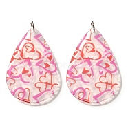 Printed Acrylic Pendants, Hot Pink, with Platinum Tone Loop, Teardrop, 49.5x32.5x1.5mm, Hole: 5mm(FIND-B045-22C)