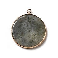 Natural Labradorite Pendants, Flat Round Charms, with Golden Plated Brass Frame, 35x31x3~3.5mm, Hole: 2.5mm(G-A213-01G-12)