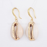 Electroplate Cowrie Shell Dangle Earrings, with Brass Earring Hooks, Real 18K Gold Plated, WhiteSmoke, 36~37mm, Pin: 0.7mm(EJEW-JE03114)