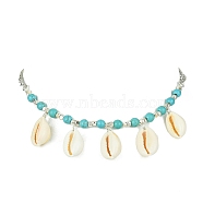 Natural Shell Bib Necklace, with Synthetic Turquoise Beaded Chains, Platinum, 17.09 inch(43.4cm)(NJEW-TA00116)