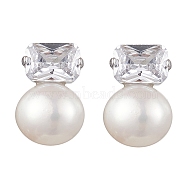 Natural Pearl Ear Studs, with Sterling Silver Micro Pave Clear Cubic Zirconia Findings, Rectangle & Round, Platinum, 13x9mm(EJEW-P286-02P)