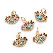 Brass Micro Pave Cubic Zirconia Charms, with Enamel and Jump Rings, Evil Eye, Colorful, Golden, 13x15x3.5mm, Hole: 3mm(ZIRC-L070-47G)
