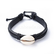 Adjustable Cowhide Leather Cord Braided Bracelets, with Cowrie Shell Beads and Nylon Thread Cord, Burlap Paking Pouches Drawstring Bags, Black, 2-1/8 inch~3-3/8 inch(5.3~8.5cm), 10.5mm(BJEW-JB04438-02)
