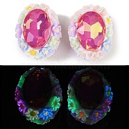 Handmade Luminous Polymer Clay Glass Rhinestone Beads, with Acrylic, Oval with Flower, Medium Violet Red, 25.5~26x21.5~22x17mm, Hole: 2mm(CLAY-H003-05E)