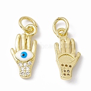 Rack Plating Brass Micro Pave Clear Cubic Zirconia Pendants, with Enamel and Jump Ring, Long-Lasting Plated, Cadmium Free & Lead Free, Palm with Evil Eye, Real 18K Gold Plated, 15x7x2.5mm, Jump Ring: 5x1mm, Inner Diameter: 3mm(ZIRC-C041-22G)