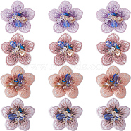 12Pcs 4 Colors 3D Flower Glass Beaded Appliques, Polyester Embroidery Lace Ornament Accessories, Mixed Color, 35x35.5x10.5mm, 3pcs/color(PATC-GF0001-47)