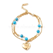 Vacuum Plating 304 Stainless Steel Chain Multi-strand Bracelet with Synthetic Turquoise Beads, Heart Charm Bracelet for Women, Golden, 7-3/8 inch(18.6cm)(STAS-P304-05G)