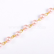 Handmade Round Glass Pearl Beads Chains for Necklaces Bracelets Making, with Golden Iron Eye Pin, Unwelded, Pink, 39.3 inch, Bead: 6mm(AJEW-JB00036-04)