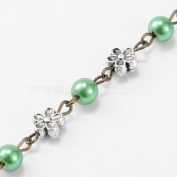 Handmade Round Glass Pearl Beads Chains for Necklaces Bracelets Making, with Tibetan Style Alloy Flower Links and Iron Eye Pin, Unwelded, Medium Sea Green, 39.3 inch(X-AJEW-JB00074-05)