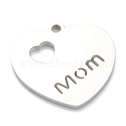 304 Stainless Steel Pendants, Heart with Word Mom, for Mother's Day, Stainless Steel Color, 19x20x1.5mm, Hole: 1.6mm(STAS-B016-08P)