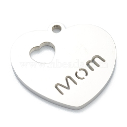 Non-Tarnish 304 Stainless Steel Pendants, Heart with Word Mom, for Mother's Day, Stainless Steel Color, 19x20x1.5mm, Hole: 1.6mm(STAS-B016-08P)