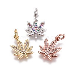 Brass Micro Pave Cubic Zirconia Charms, Pot Leaf/Hemp Leaf, Mixed Color, 15x11.5x1.5mm, Hole: 3mm(ZIRC-E145-77)